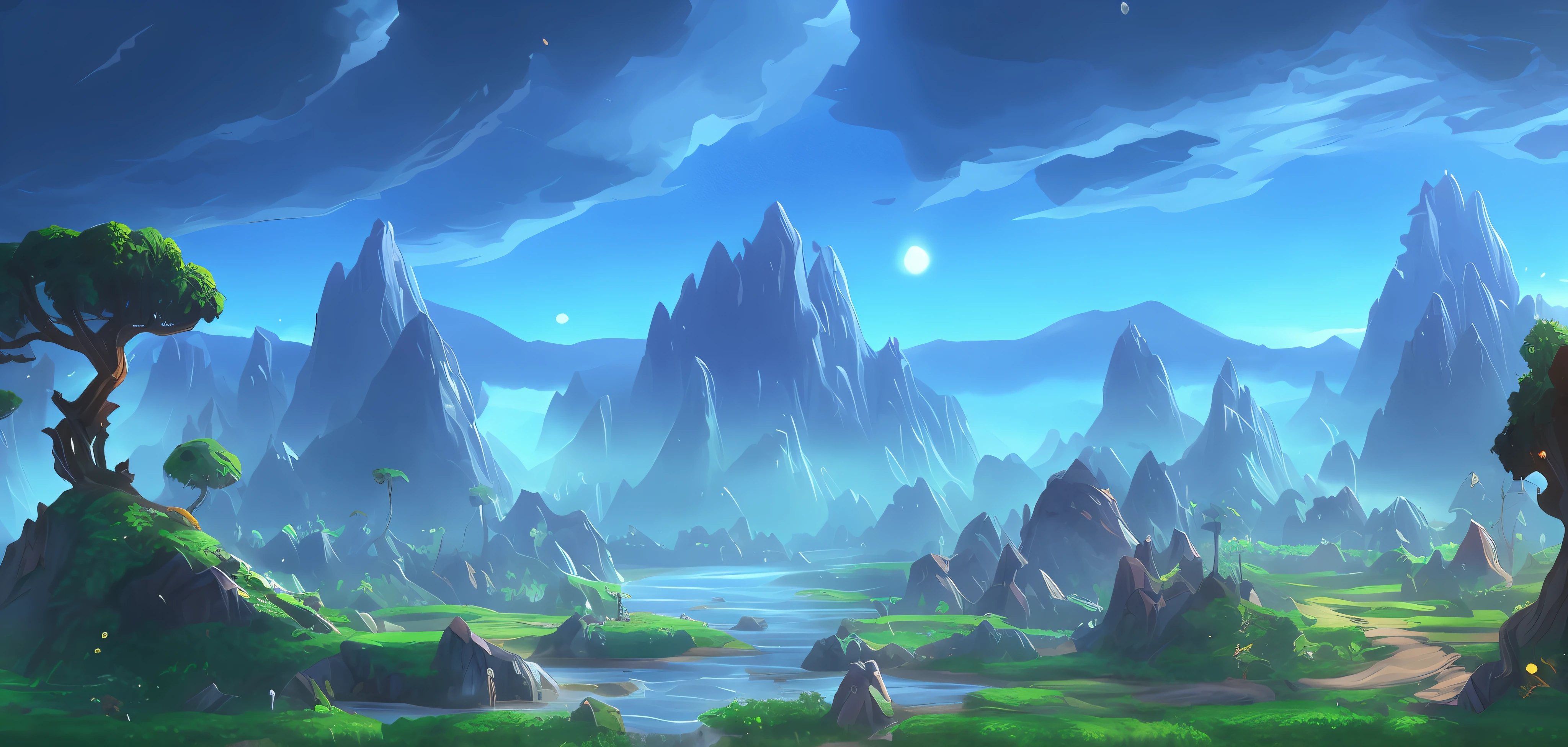 a close up of a video game with a mountain and a river, avatar landscape, Stylized concept art, stunning arcanum backdrop, fantastic screenshot art, ultra wide gameplay screenshot, gigantic landscape!, lush alien landscape, colorful concept art, alien forest in background, made of tree and fantasy valley, epic landscapes, epic environment, Flying Island in the Sky, background artwork