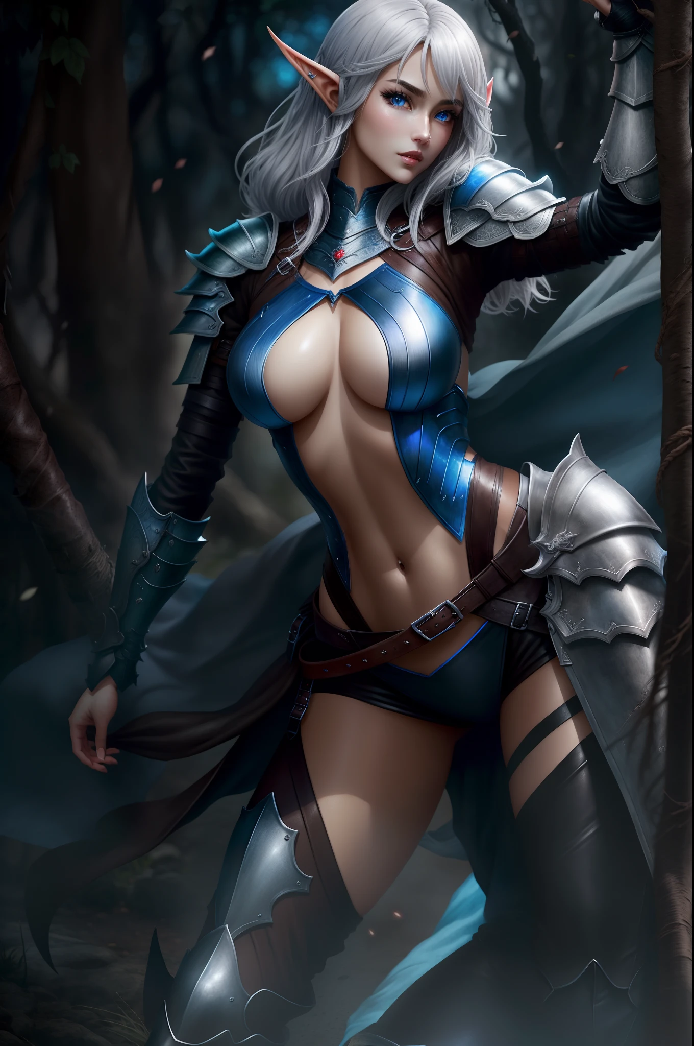 Dark Elves、Brown skin、1womanl、Young Adult Women、No horns、Top image quality、Realistic depiction、silber hair、blue eyes、hposing Gravure Idol、A sexy、A slender、cloth clothes、leather armor、Correctly depict the human body、Photo Quality、