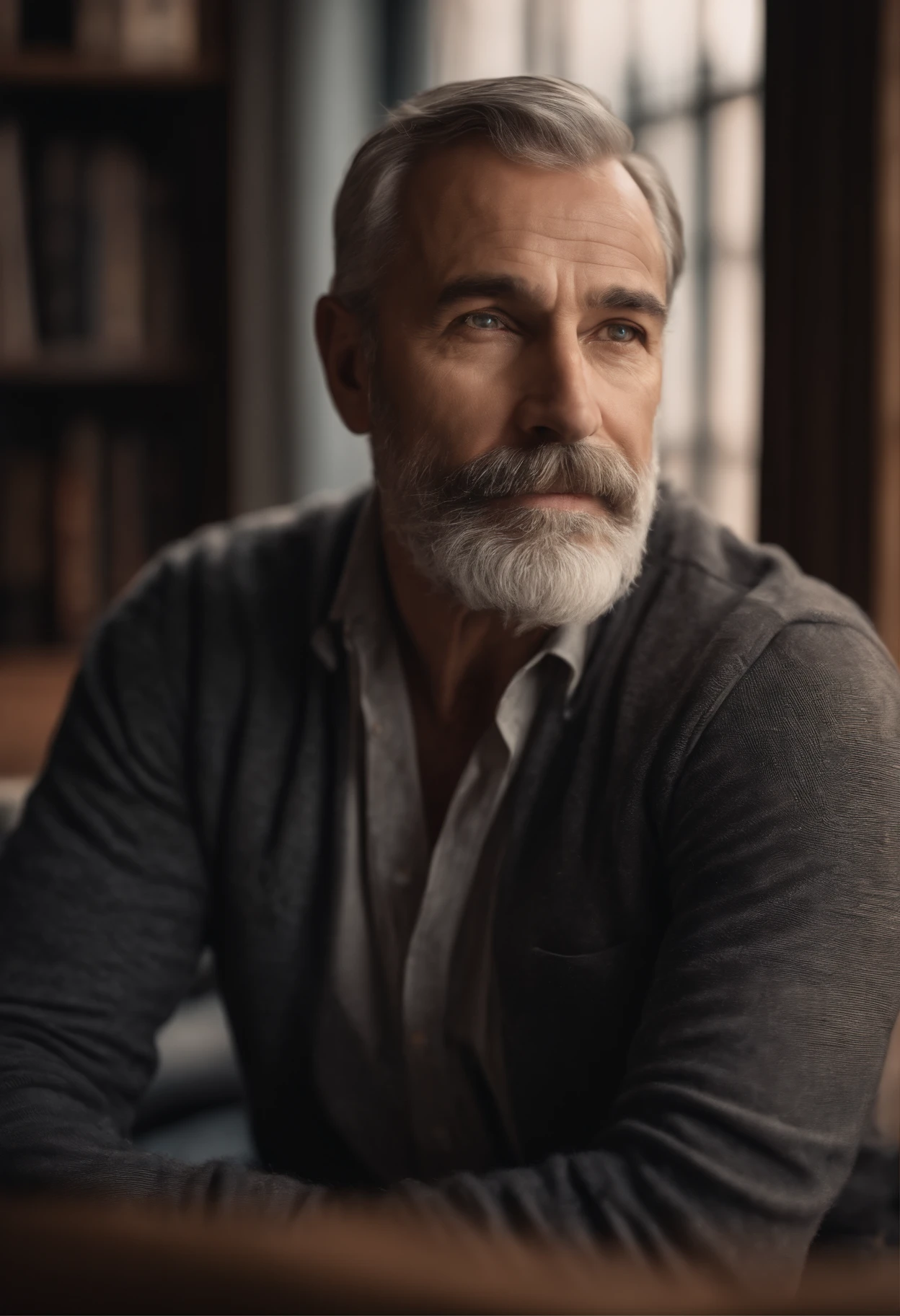 (a)portrait of a father,(realistic, highres),kind-hearted expression,graying hair,loving gaze,wrinkles around the eyes,(best quality, studio lighting),warm and soft colors,detailed beard,straight posture,gentle smile,wise eyes,indoor setting,bookshelf in the background,subtle shadows,meaningful glance,mature and experienced look