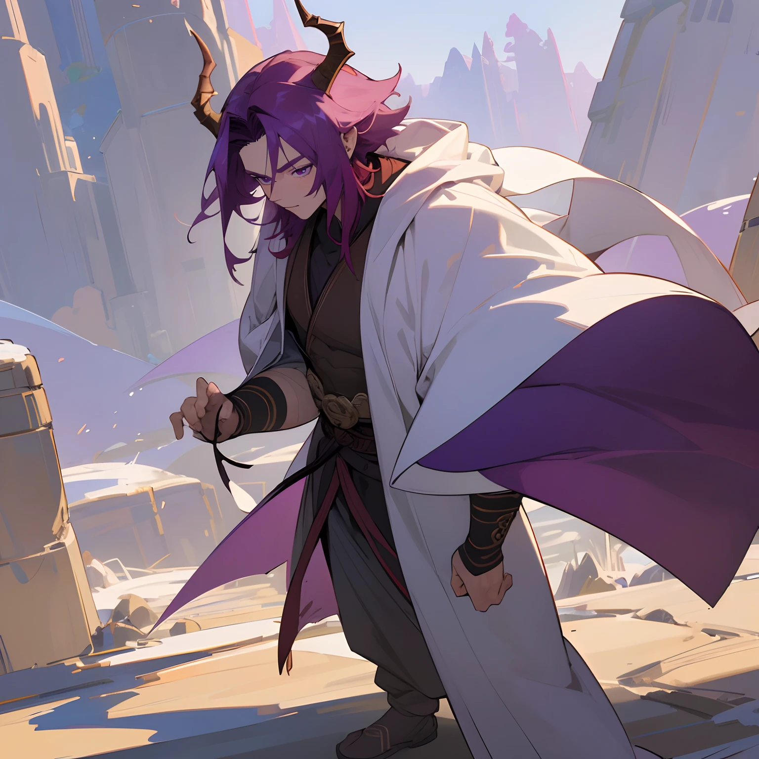 (best quality,4k,8k,highres,masterpiece:1.2),ultra-detailed,Adult Male,1male,dragon horns on head ,long reddish purple hair,purple eyes,strong frame,muscular build,village background,standing in front of buildings,white Haori,White Cloak , bright sunlight,sharp contrasts,dramatic shadows ,