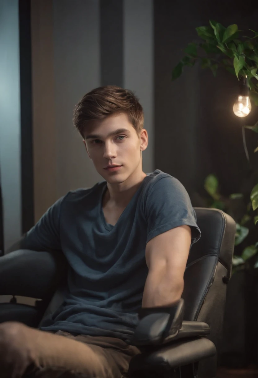 22 year old cute boy, looking at camera, shit on gaming chair ,with computer setup, plant and lighting decoration,straight possing, perfect lighting, deep shadow, best quality, masterpiece, ultra highres, photorealistic