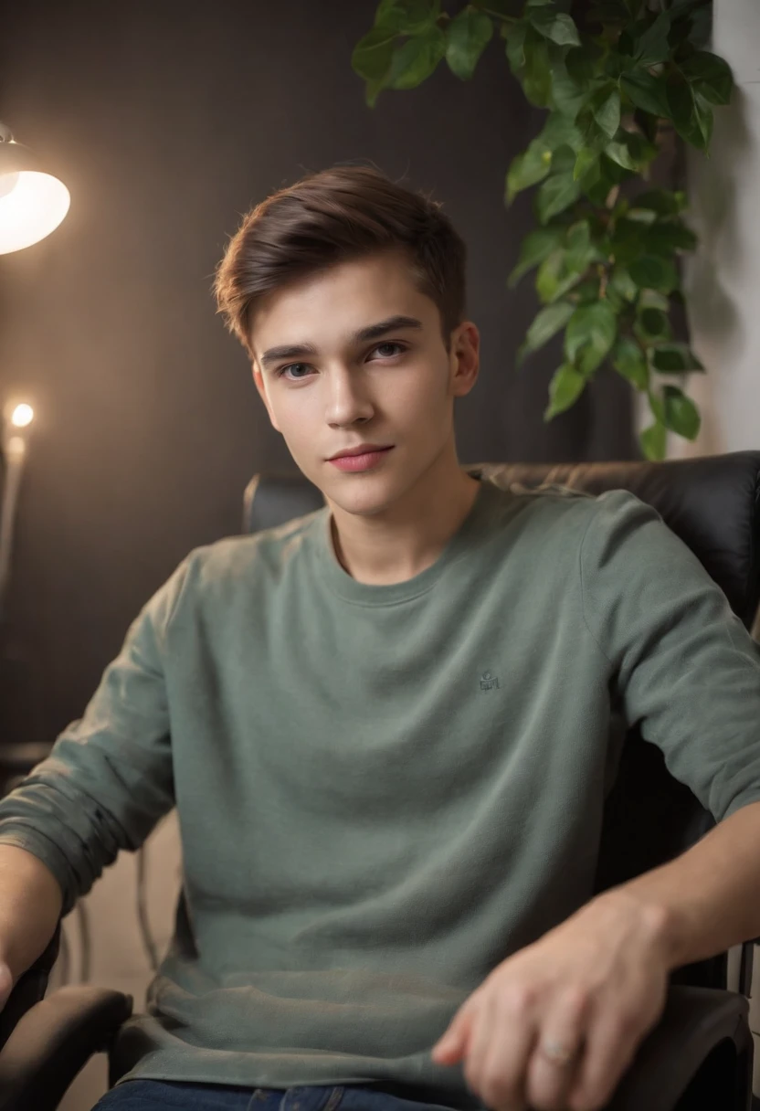 22 year old cute  boy, looking at camera, shit on gaming chair ,with computer setup, plant and lighting decoration,straight possing, perfect lighting, deep shadow, best quality, masterpiece, ultra highres, photorealistic