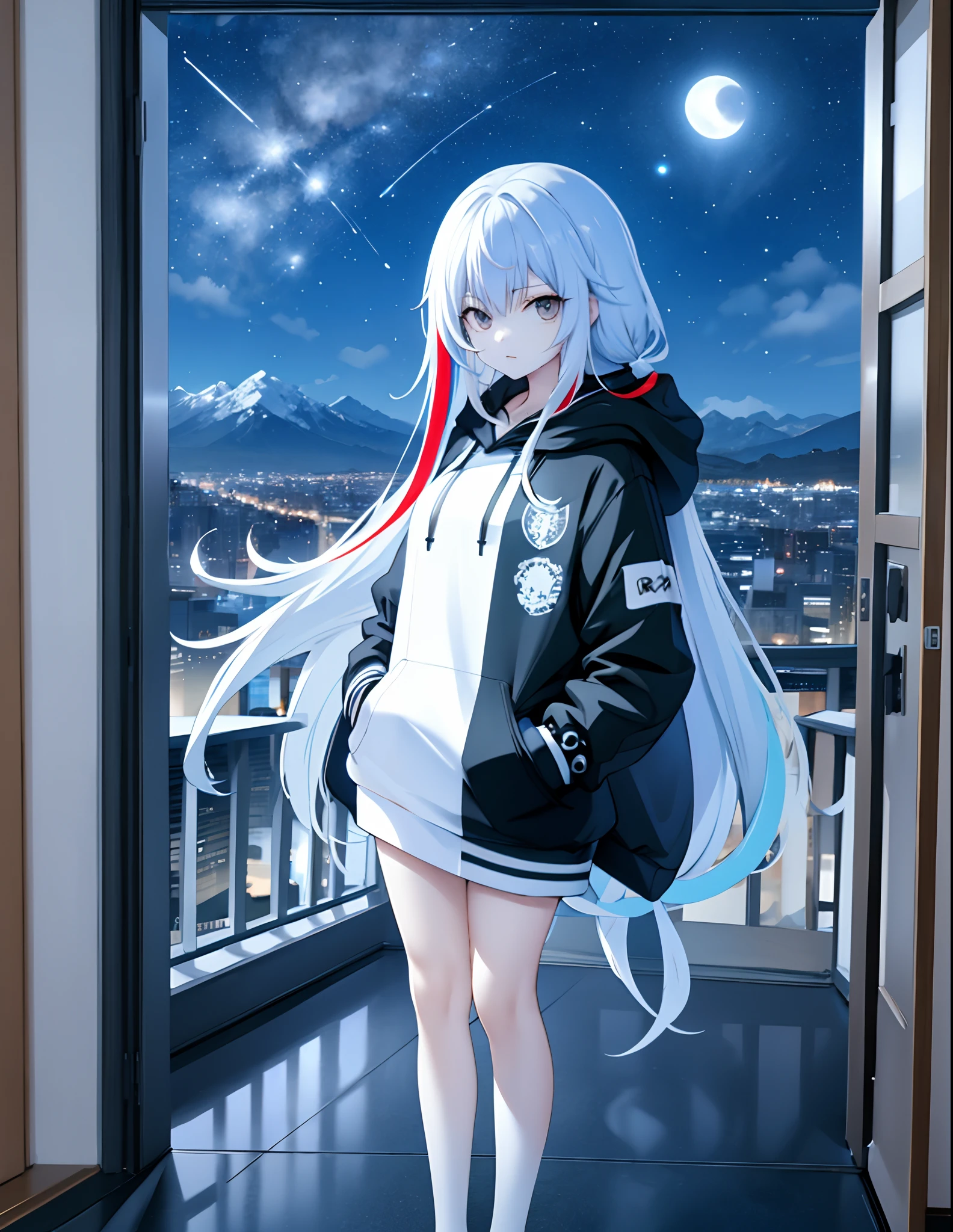 Best Quality,masutepiece,1girl in,Teenage,Full body,(Black eyes:1.1),Very long hair,Straight hair,side locks,Solo,Hoodie,(split-colored hair:1.2),(Black and white pantyhose:0.8),Hands in pockets,(Looking at Viewer:1.2),deadpan,break knight,fullmoon、meteors,Cityscape,(mansion:1),(highrise buildings:1),(nigh sky:1.1),skyporn,Starry sky,mountain road,Street,City lights,door,window,