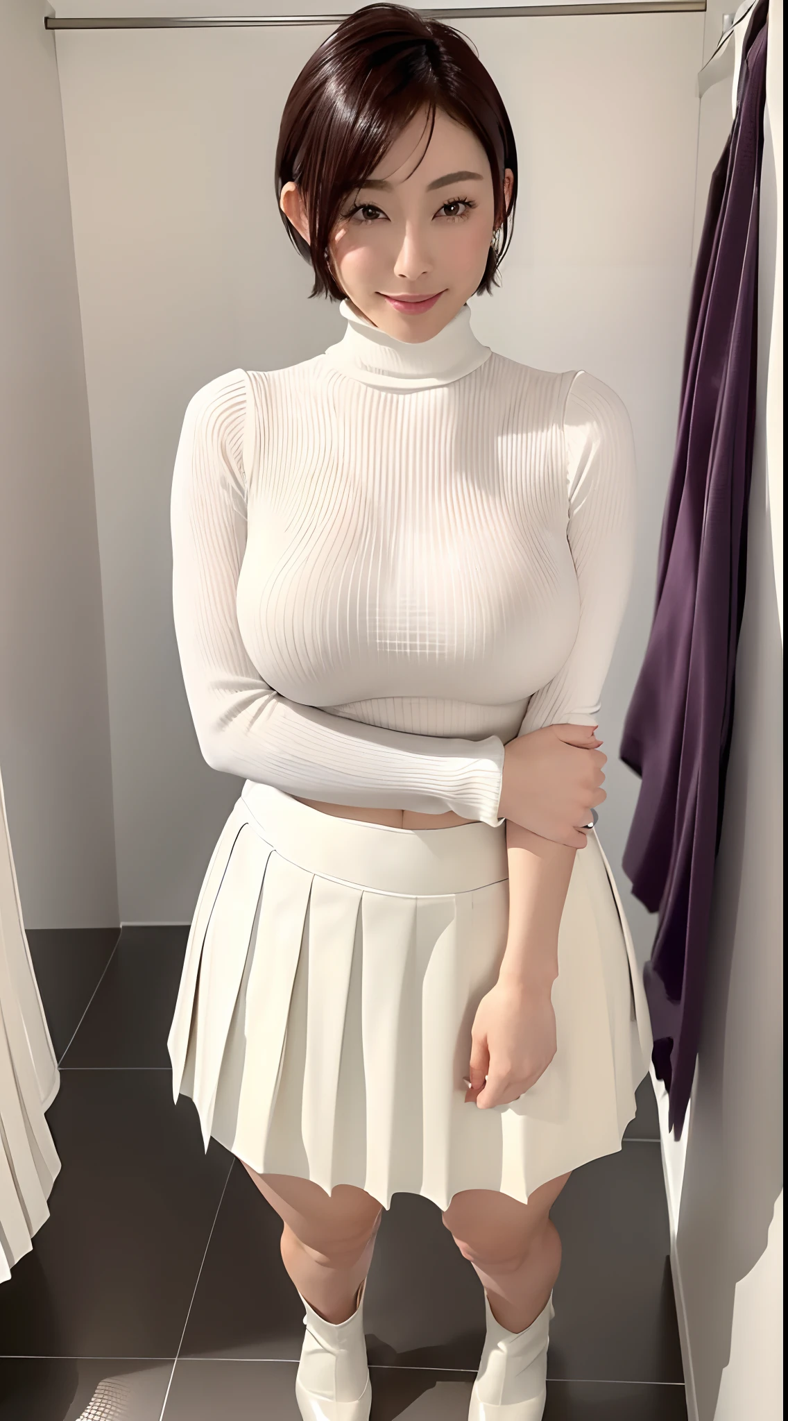 8K、超A high resolution、The ultra -The high-definition、An ultra-high picture quality、Ultrarealistic、Best Quality、masuter piece)(a Pretty Japanese woman、Black Hair Shortcut Hair:1.1)(Colossal tits、Pretty big breasts、toned body:1.18)(White Turtleneck、White Pleated Mini Skirt、White high heels:1.28)(Masturbate while looking at the full-length view of the fitting room、Be sure to put your hand inside your panties:1.3)