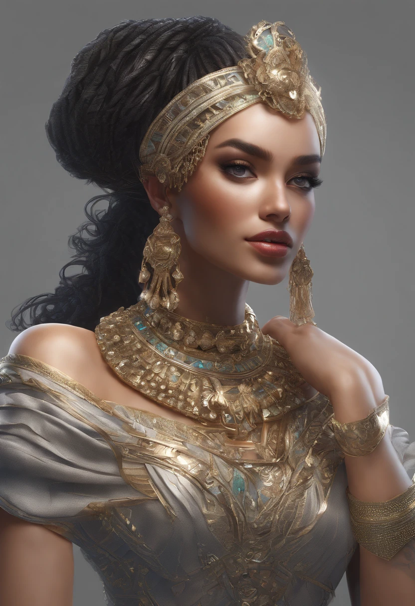 ((Best quality)) , ((Masterpiece)) , (Detailed) , (1womanl:1.3) , (Fantasy illustration:1.3),vray, On pale black paper, Digital artwork, ultra - detailed,Lonely, Regret eyes, Dressed in glamorous Egyptian costumes_clothes, Hands in pockets, She has a comb hairstyle, Jamaican hairpins, FOV 90 degrees, Scene art, warmcore, L USM, glimmering, A shimmering transformation, 8K resolution
