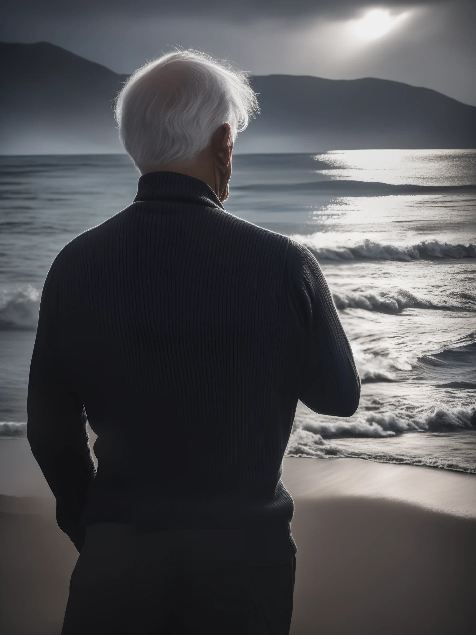 Award-winning portrait photo of an elderly man of a medieval gray-haired sailor wearing a knitted sweater with wrinkles on his face, ocean, waves, Mountain cliff with surf waves, Stormy, SINISTER, evil (back light: 1.3), digitalpainting, ConceptArt, smoothness, Sharp focus, the rule of thirds, Dark Fantasy, Complicated details, medium plan