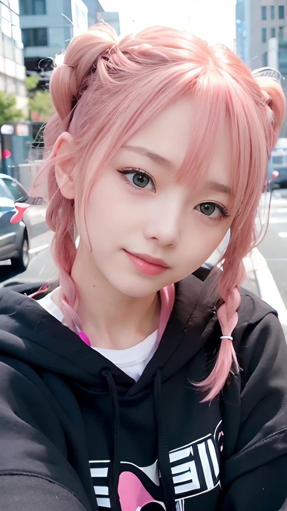 1人、on tokyo street、natta、A city scape、city light、The upper part of the body、up close shot、Blue eyes,Full body,faces、(A smile:1.5)、small tits、Black long-sleeved hoodie、(8K、Raw photography、top-quality、masterpiece:1.2)、(realisitic、photoRealstic:1.37), (Pink hair), Ear Hair, small tits, Single braid, (Single braid), (Side braid)