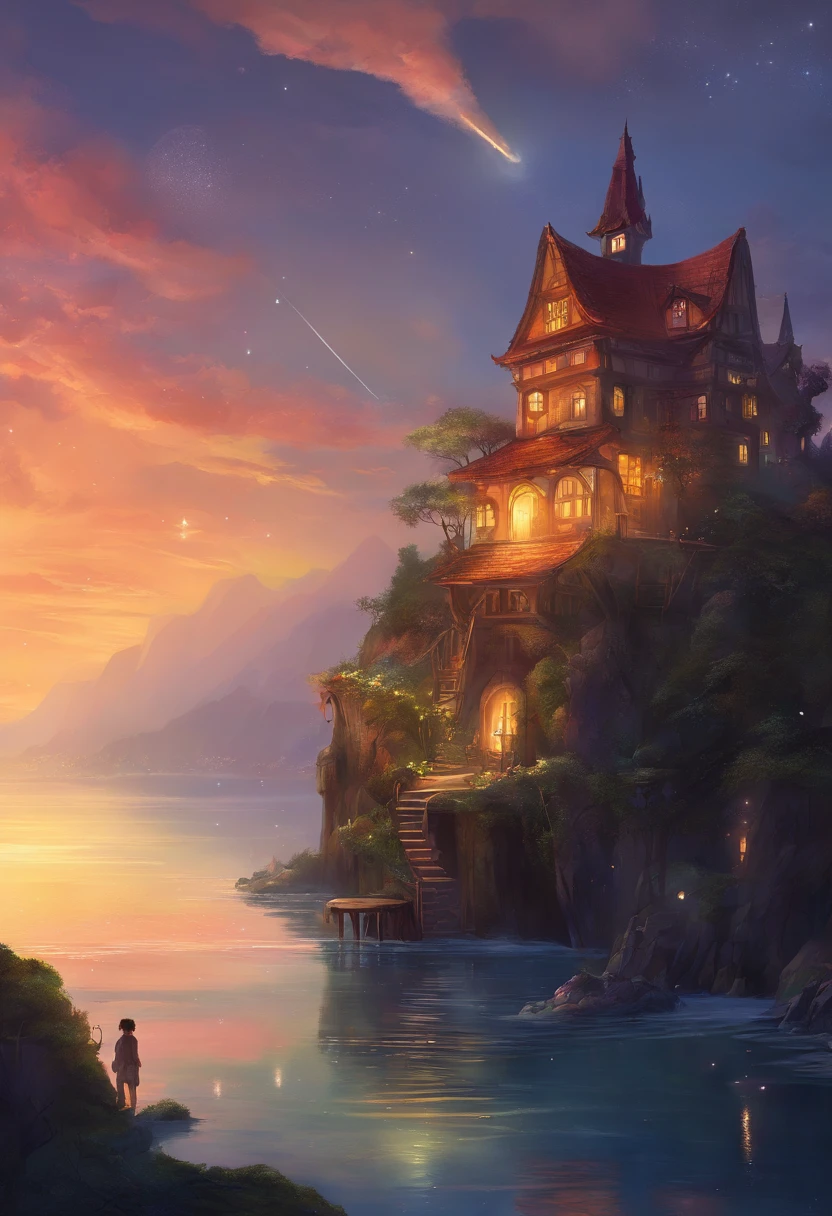 A house built at the top of a narrow slope、Standing on the roof of the house、 reaching for the night sky、The night sky is the sea.、What I saw in the stars were glowing fish、fantastic landscape、In the distance, you can see the lights of the port city