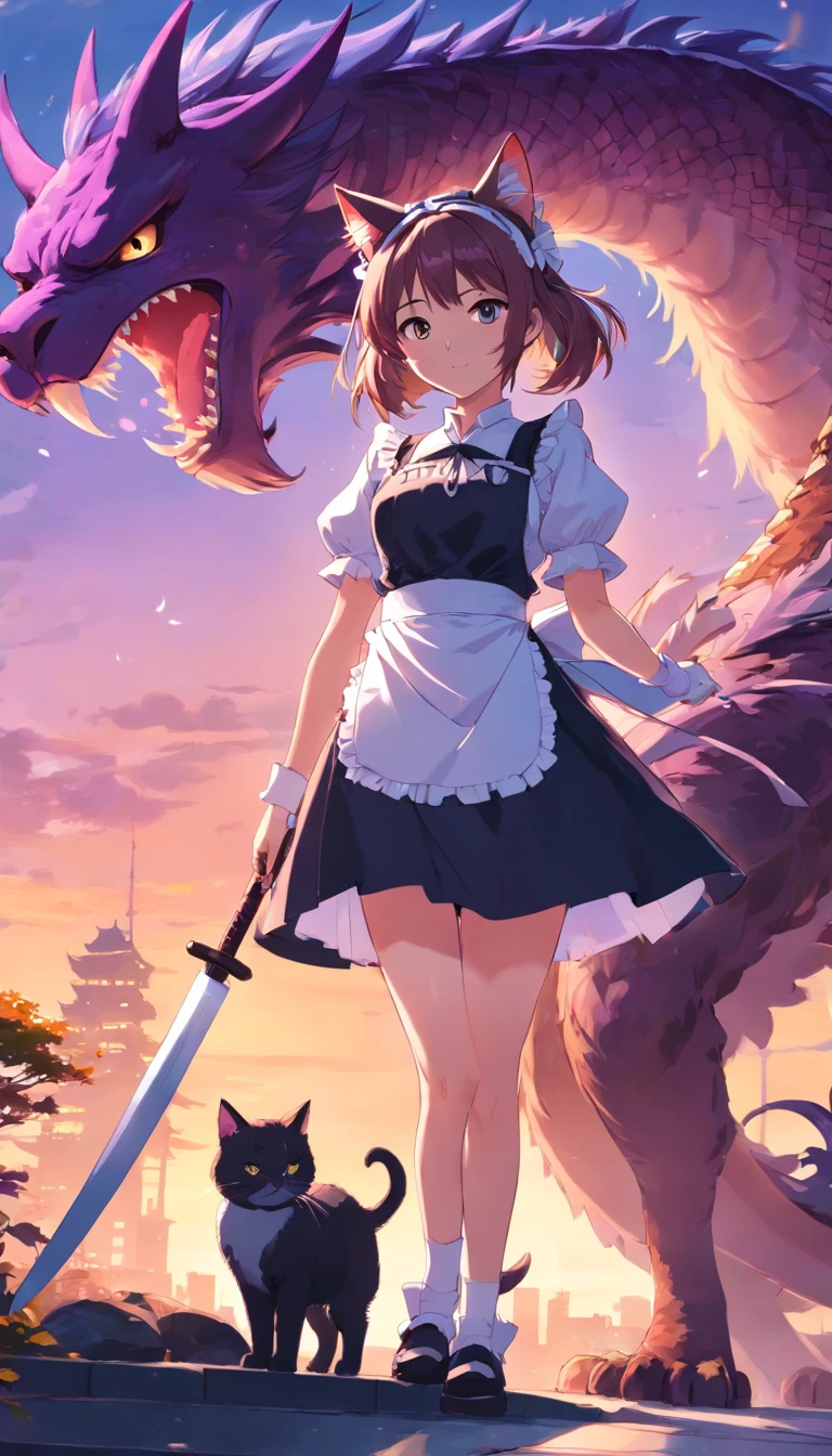 Japanese style, medium view, ((cat ear girl standing, maid outfit)), sword fight in front of giant dragon, long messy hair, glow effect, ultra realistic, ultra photorealistic, monochrome ink style, purple, bleaching, dirt, ink, 8K, super fine, high quality, OC renderer.