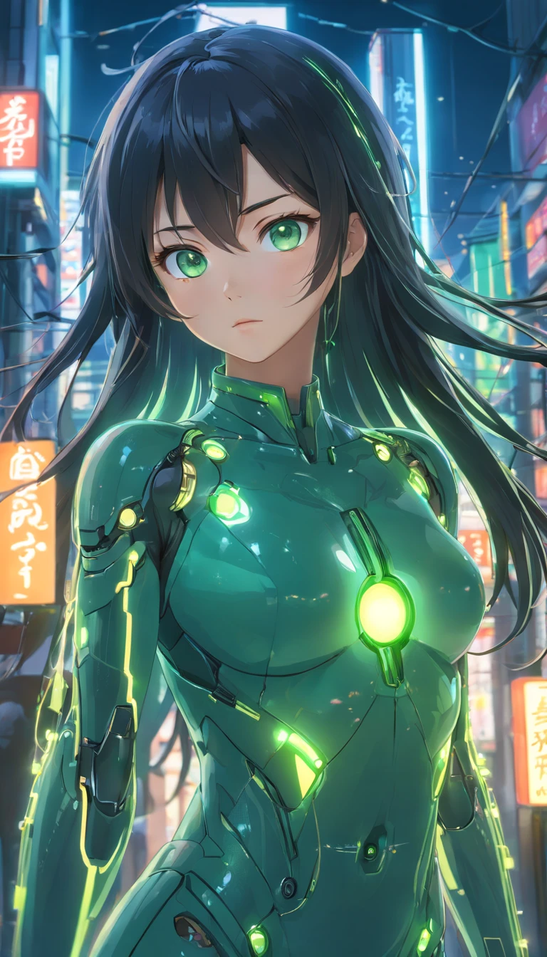 Iridescent arm parts, rainbow colors, prisms,Low - Angle、 Emerald green eyes、Part of the clothing is see-through、Cinematic angles、optical fiber、Connected Cord、Illuminated parts See-through parts、Cyberpunk cityscape, young woman with long black hair wearing an emerald green powered exosuit, standing in a contemplative pose amidst the neon-lit ruins, textured digital art with muted tones and subtle ambient noise, detailed and intricate illustration, dystopian and gritty yet beautiful, a glimmer of hope in the decay,Fish Girl in Sci-fi translucent mechanical bikini ++,The bikini is see-through and sparkly