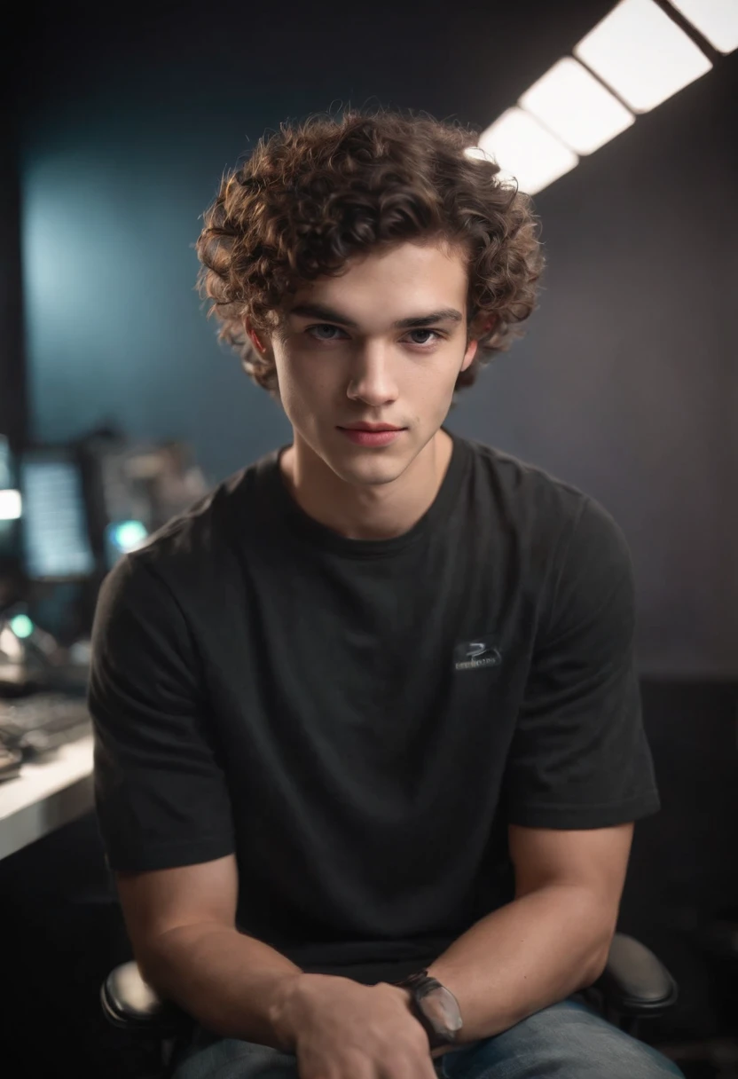 22 year old cyberpunk cute boy,curly wave like hairs, looking at camera, shit on gaming chair ,with computer setup, plant and lighting decoration,straight possing, perfect lighting, deep shadow, best quality, masterpiece, ultra highres, photorealistic