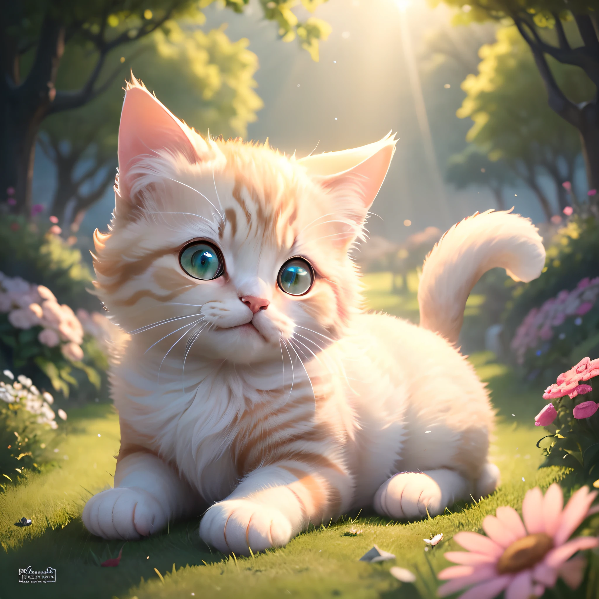 (best quality,highres:1.2),a cute little cat,fluffy,furry,felin,cute button nose,adorable eyes,pink paws,playful expression,wiggly tail,soft fur,whiskers,funny poses,curious,beautiful nature scene,charming garden,green grass,butterflies fluttering,sunset,joyful atmosphere,lovely colors,peaceful and serene,playful rays of sunlight,gentle and warm lighting