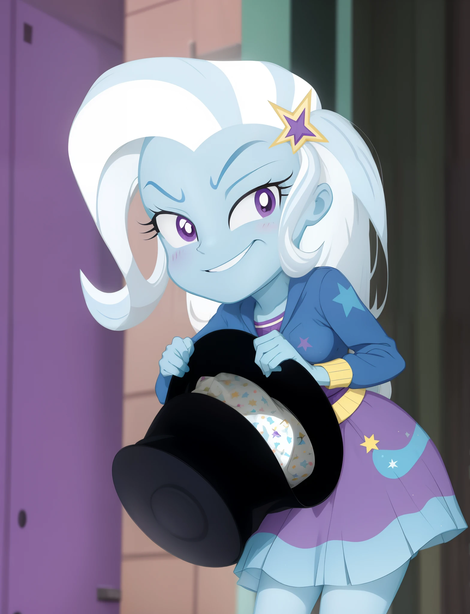 a close up of a cartoon character holding a hat, she has pale blue skin!!!, anthropomorphic mare, nefarious smirk, equestria, fim still, looking smug, with no derpy face, proud smirk, giddy smirk, roguish smirk, cocky smirk, smug smirk, wry smirk, trixie, equestria girls