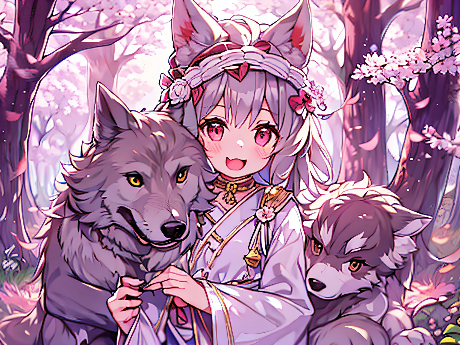 *********** with wolf ears and wolf tail, and puppy, Face the lens, Under trees with cherry blossoms, masterpiece, good quality. highly detailed. paw feet