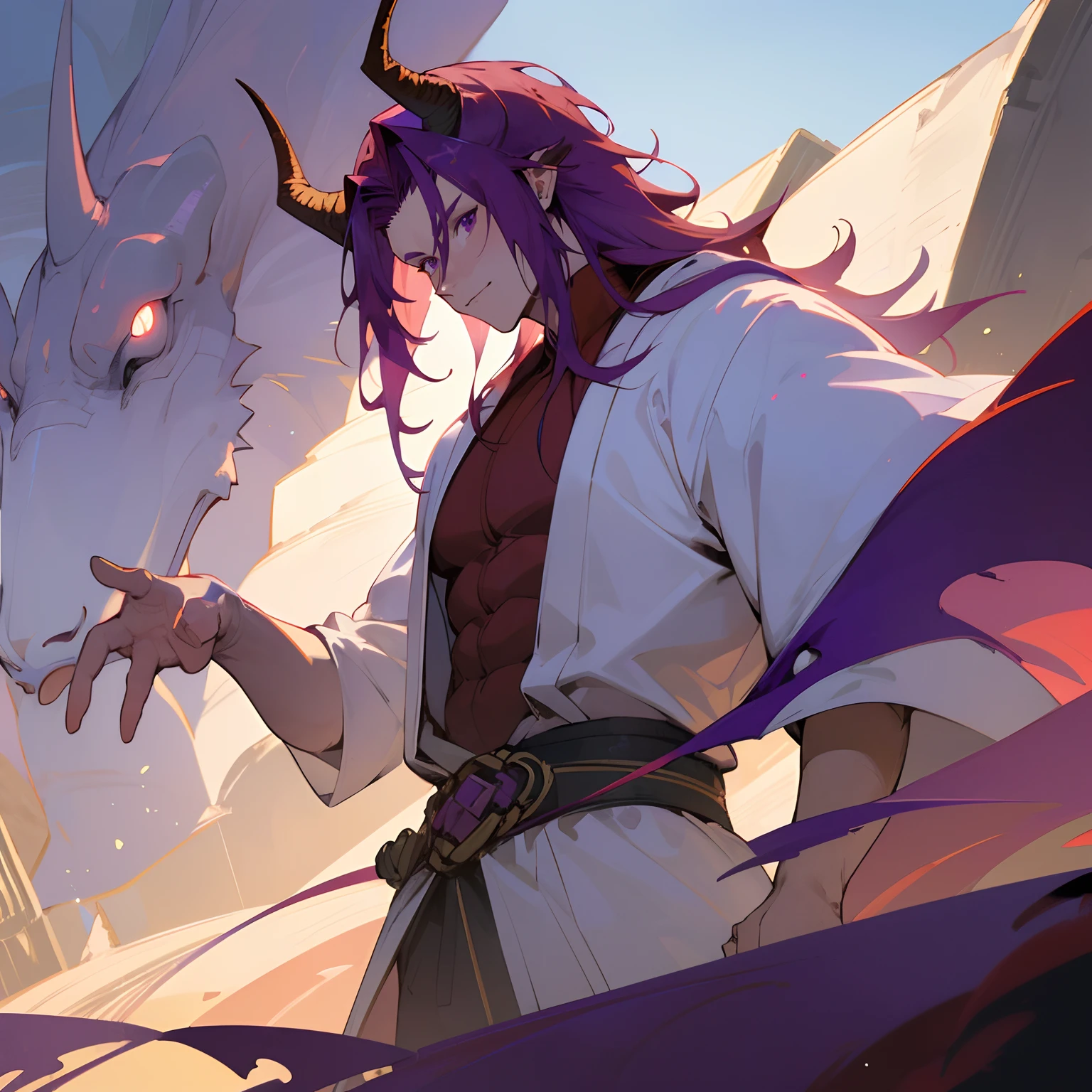 (best quality,4k,8k,highres,masterpiece:1.2),ultra-detailed,Adult Male,1male,dragon horns on head ,long reddish purple hair,purple eyes,strong frame,muscular build,village background,standing in front of buildings,white Haori,White Cloak , bright sunlight,sharp contrasts,dramatic shadows ,