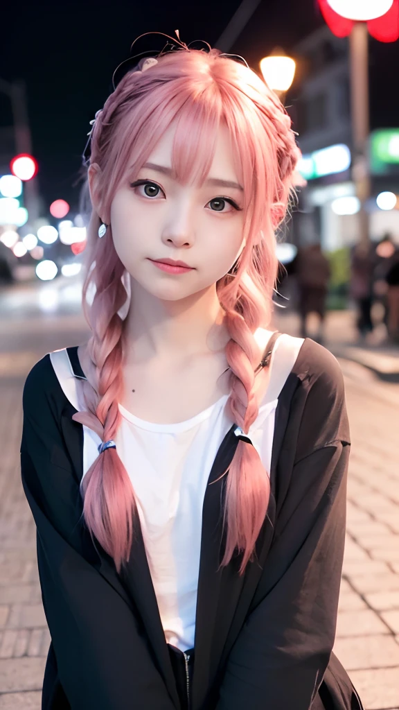 女の子1人、on tokyo street、natta、A city scape、city light、The upper part of the body、up close shot、Blue eyes,Full body,faces、(A smile:1.5)、small tits、Black long-sleeved hoodie、(8K、Raw photography、top-quality、masterpiece:1.2)、(realisitic、photoRealstic:1.37), (Pink hair), Ear Hair, small tits, Single braid, (Single braid), (Side braid)