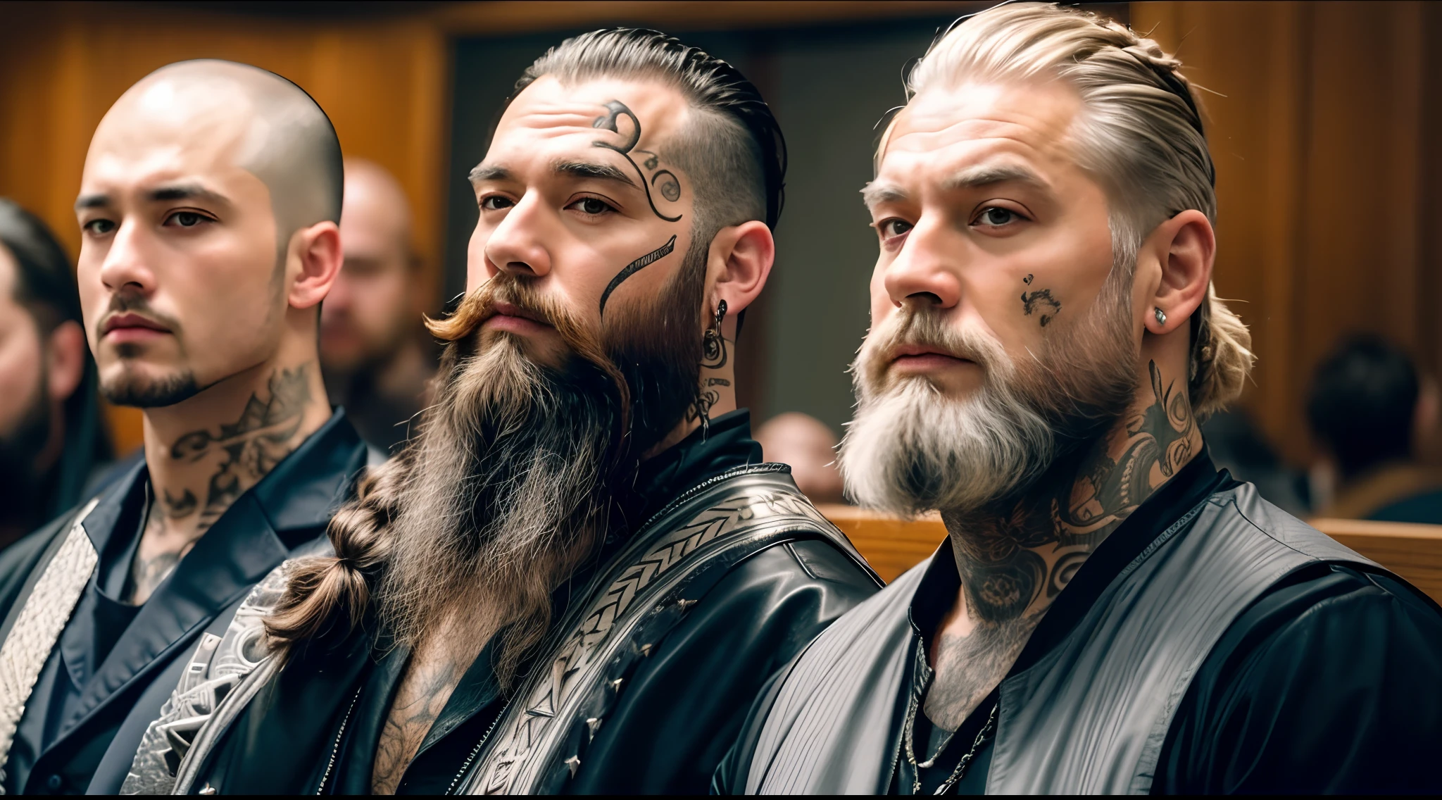 three old men with tattoos and beards are sitting in a courtroom, with facial tattoo, badass beard, with rune tattoos on the face, criminal symmetrical faces, viking beard, some grey hair in beard, long goatee beard, detailed beard, bearded, tattooed man, long braided viking beard, heavy body modification, menacing look, silver hair and beard, facial tattoos, wearing leather jacket, shaouting, evil expression, realistic image, 16k resolution, age 50 years old,