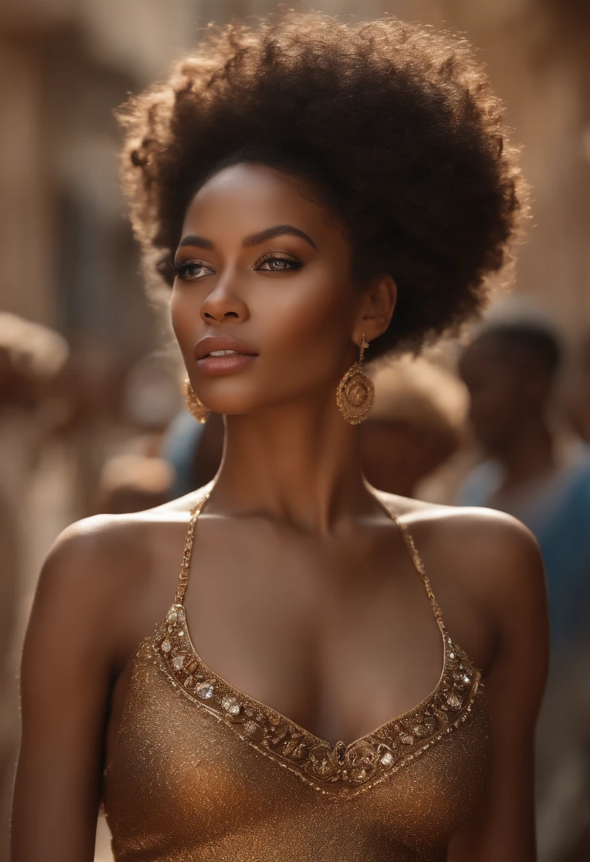 Portait of one pretty young African female, perfect face, seductive smile, bra size 32B - 40C, 26-32 inch waist, scantily clad, wearing avant-garde futuristic designer clothing, in a dynamic pose and a new environment, hyper detailed, ultra-realistic, picture, cinematic golden hour, award winning photography, DSLR, god rays, natural lighting, volumetric lighting, global illuminations, by yoshitaka amano, by greg rutkowski, by jeremyg lipkinng, by artgerm, digital art, by ismail inceoglu, by quentin tarantino, 8k, realistic shaded, octane render