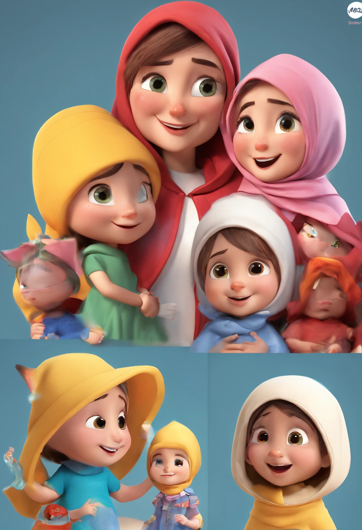 Estilo Pixar: Mom age 37using hijab ,Dad age 38, 2 twins age 5 ,one sister age 9 ,with a litlle cat ,3D Poster,Disney