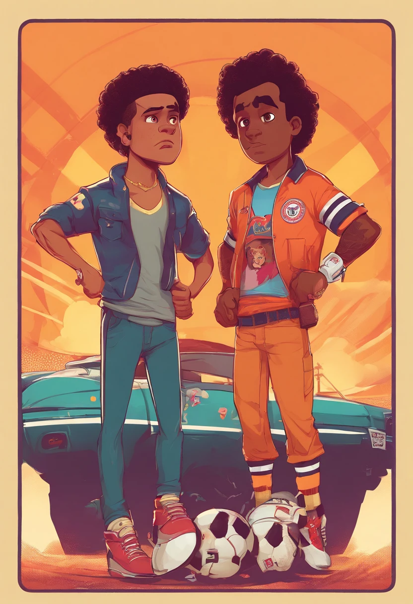 poster al estilo Disney pixar de 2 hermanos mellizos, varones, ambos pelo corto, adolescentes, (uno aspecto latino y tes morena, cabello negro y boca grande), (y el otro, cabello blanco y ojos rasgados), Both skinny playing football in different jerseys
