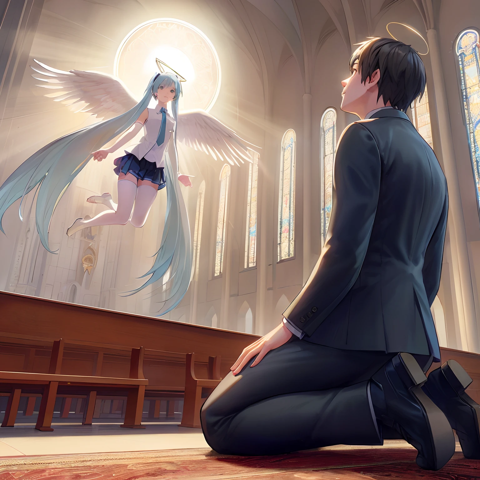 Style image of a man kneeling in church with angel Hatsune Miku, Pixiv Contest Winner, trending in pixiv, makoto shinkai and tom bagshaw, In pixiv, Top Rated on pixiv, Digital art at Pixiv, pixiv, miku hatsune,