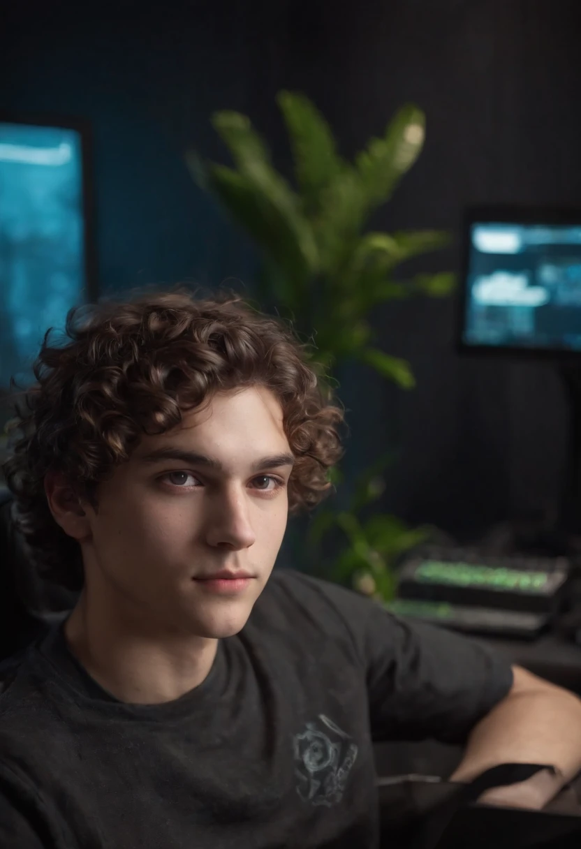 20 year old cyberpunk cute boy,curly wave like hairs, looking at camera, shit on gaming chair ,with computer setup, plant and lighting decoration,straight possing, perfect lighting, deep shadow, best quality, masterpiece, ultra highres, photorealistic