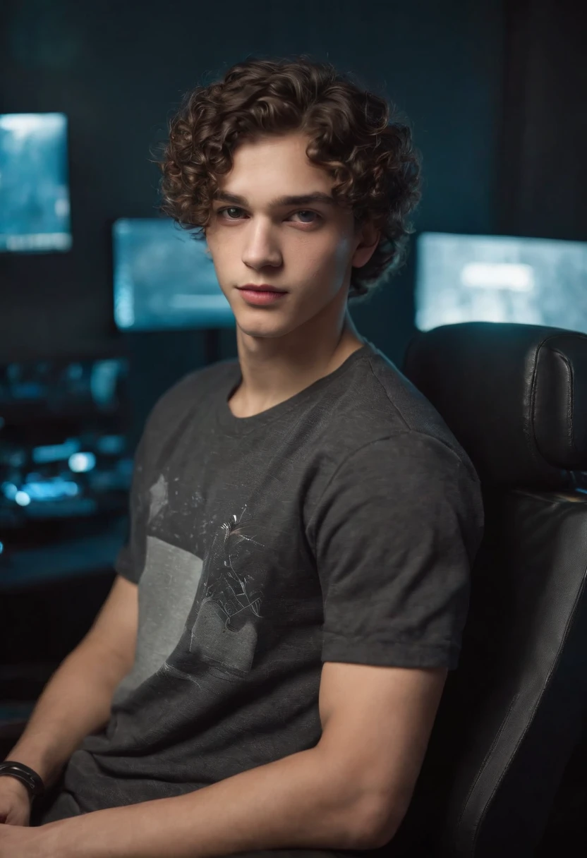 20 year old cyberpunk cute boy,curly wave like hairs, looking at camera, shit on gaming chair ,with computer setup, plant and lighting decoration,straight possing, perfect lighting, deep shadow, best quality, masterpiece, ultra highres, photorealistic