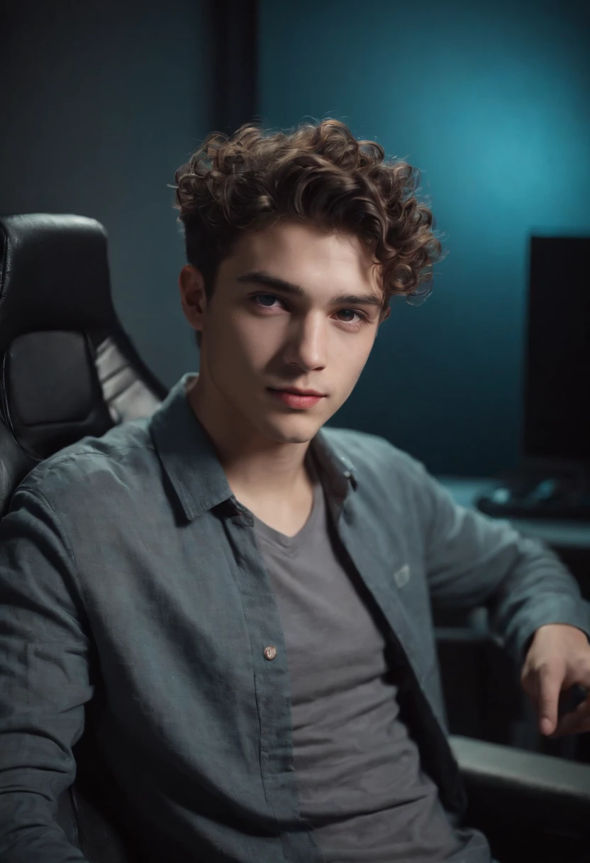 20 year old cyberpunk cute boy,curly wave like hairs, looking at camera, shit on gaming chair ,with computer setup, plant and lighting decoration,straight possing, perfect lighting, deep shadow, best quality, masterpiece, ultra highres, photorealistic
