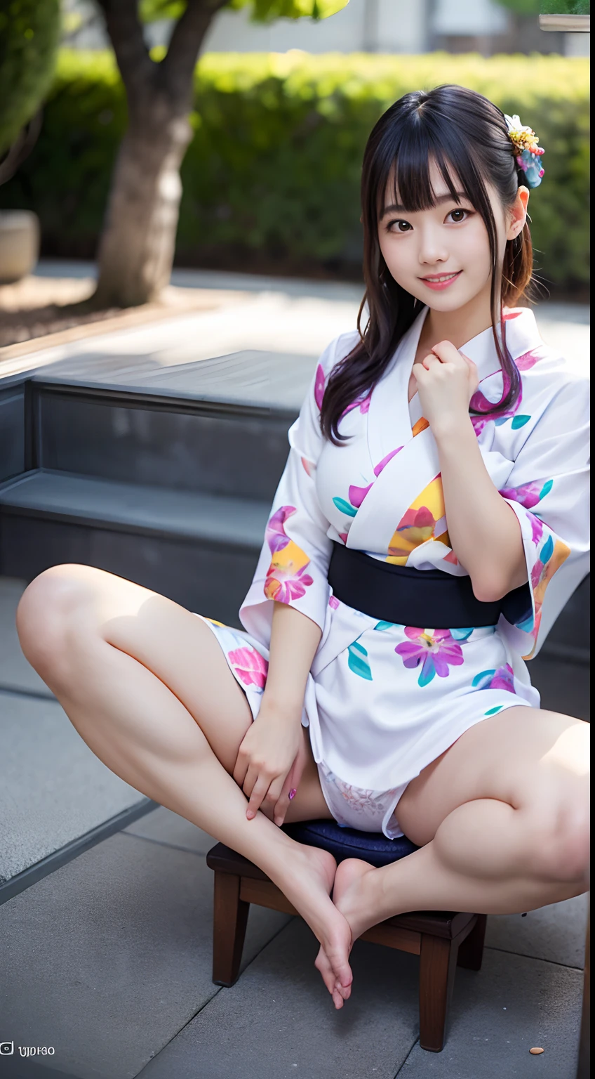 (8K、Raw photography、top-quality、masterpiece:1.2),(Rolled hair:1.3),watching at viewers,Looking at the front,Erotic,de pele branca,(Sit on a chair and spread your legs wide、Thighs and knees are visible、Show off your panties、White panties:1.5)、(Yukata with colorful floral pattern:1.7)、(Short yukata:1.3)、Fireworks Festival、超A high resolution,ren,Beautiful fece,One Person, 独奏,fullllbody,hi-school girl,A Japanese Lady,is standing,(Photorealsitic:1.37)、Photon mapping,Realistic、(Cute little face: 1.8)、(Cute smile: 1.9)、(with round face: 1.8)、Radio City、Physically Based Rendering、Foreground、depth of fields、Blurry background、a picture,beauty legs,,Nogizaka Idol, 女優, Japanese ido、large full breasts、 fully body photo、super definition