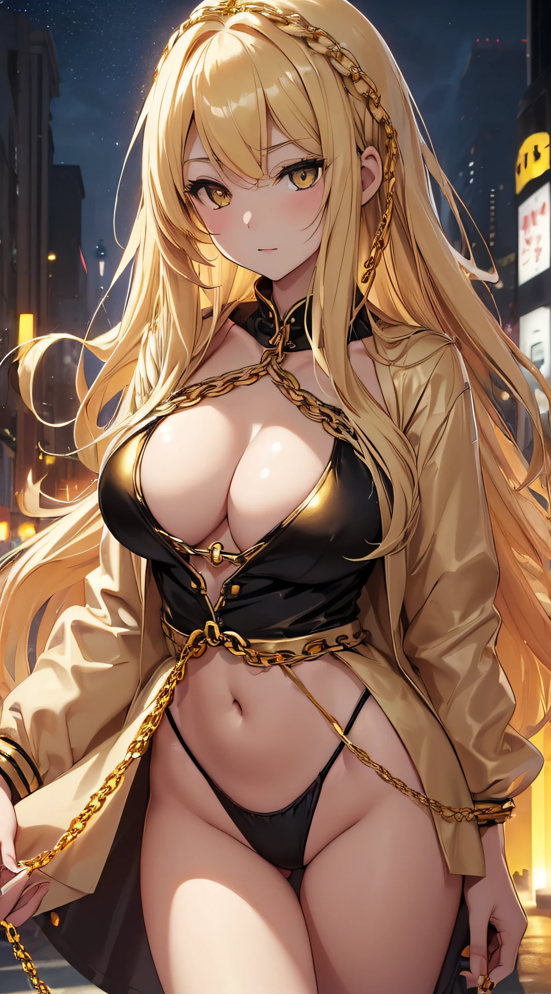 top-quality、Top image quality、​masterpiece、girl with((20yr old、Best Bust、big bast、Bust 85,beautiful golden eyes、Breasts wide open,Blonde long hair、A slender、Large valleys、Gold Bikini、Black short-sleeved jacket reaching out towards us、Lonely face)）hiquality、Beautiful Art、Background with((Fashionable night city、Golden Chain、)))masutepiece、visualart、depth of fields、