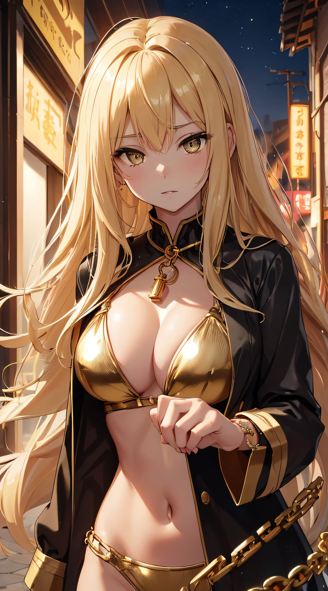 top-quality、Top image quality、​masterpiece、girl with((20yr old、Best Bust、big bast、Bust 85,beautiful golden eyes、Breasts wide open,Blonde long hair、A slender、Large valleys、Gold Bikini、Black short-sleeved jacket reaching out towards us、Lonely face)）hiquality、Beautiful Art、Background with((Fashionable night city、Golden Chain、)))masutepiece、visualart、depth of fields、