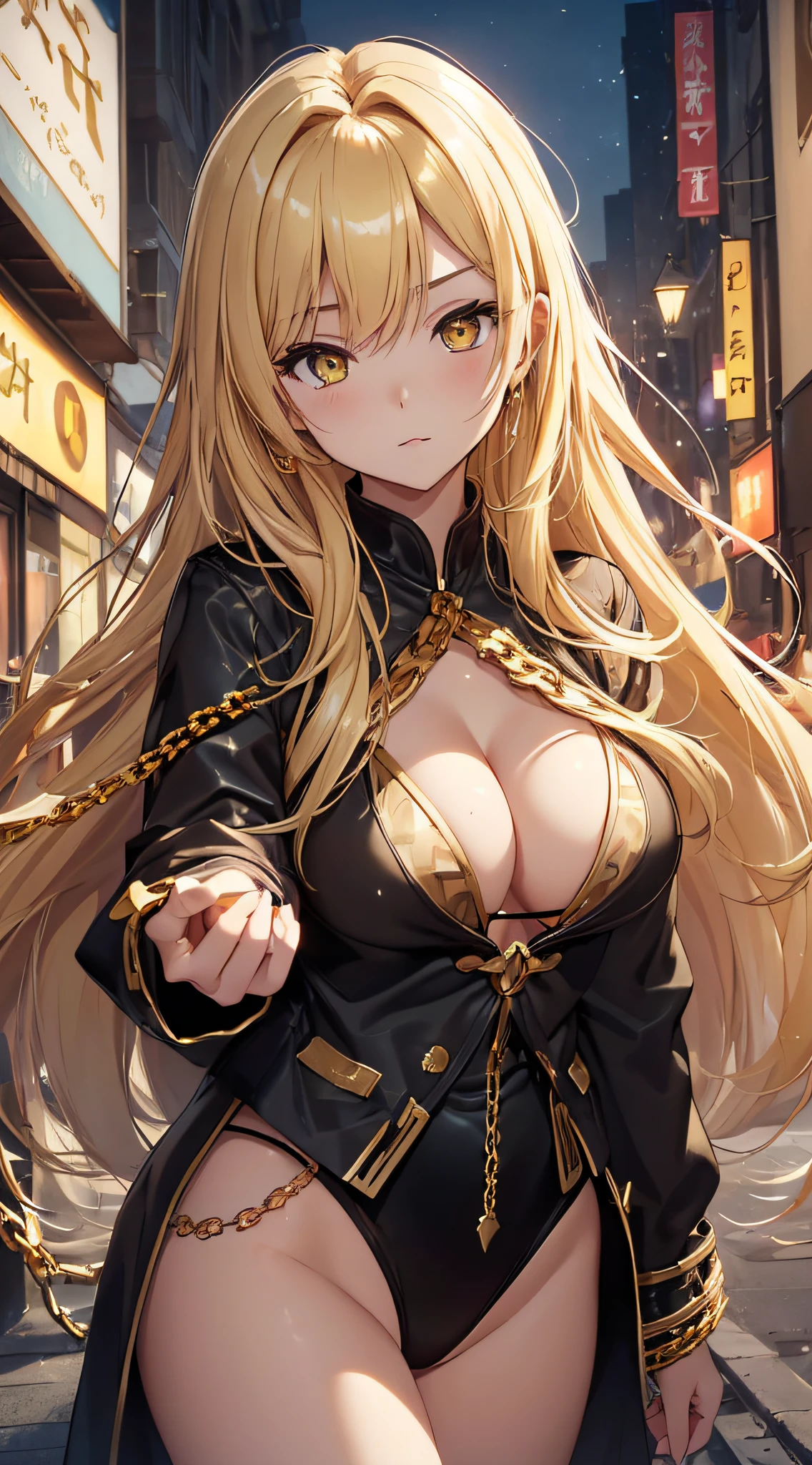 top-quality、Top image quality、masterpiece、girl with((20yr old、Best Bust、big bast、Bust 85,beautiful golden eyes、Breasts wide open,Blonde long hair、A slender、Large valleys、Gold Bikini、Black short-sleeved jacket reaching out towards us、Lonely face))hiquality、Beautiful Art、Background with((Fashionable night city、Golden Chain、)))masutepiece、visualart、depth of fields、