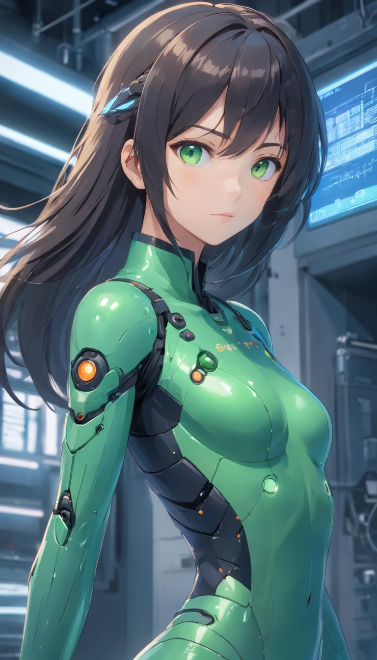 Porcelana feminina Android, ciborgue, robotic parts, 150mm,corpo inteiro, Beautiful soft light studio, Luz do pneu, Detalhes vibrantes,renda, hiper realista, Anatomical, electrical wires, microchip, elegante, background lab, octane rendering, h.Estilo R Giger, 8k,cabelos pretos,Asymmetrical long hair,translucent body,olhos verdes, Miki Asai Macro fotografia, corpo inteiro, hiper detalhado, trends on artstation, foco nítido, Studio photo, Detalhes intrincados, altamente detalhado, Por Greg Rutkowski