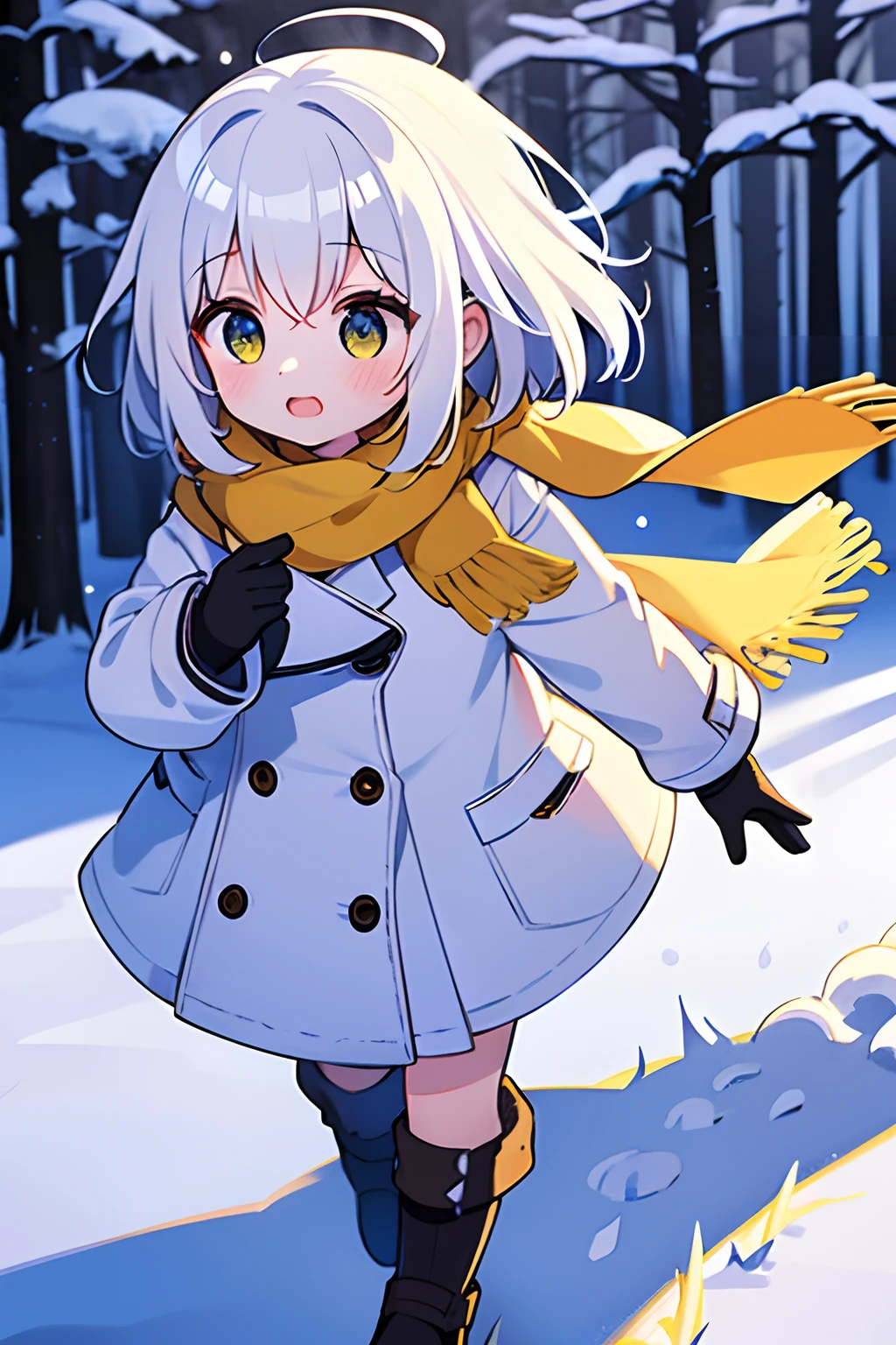 {high quality}, 1girl, white hair, yellow scarf, white down jacket, black fluffy gloves, snow falling, frolicking in yard, snowy trees,