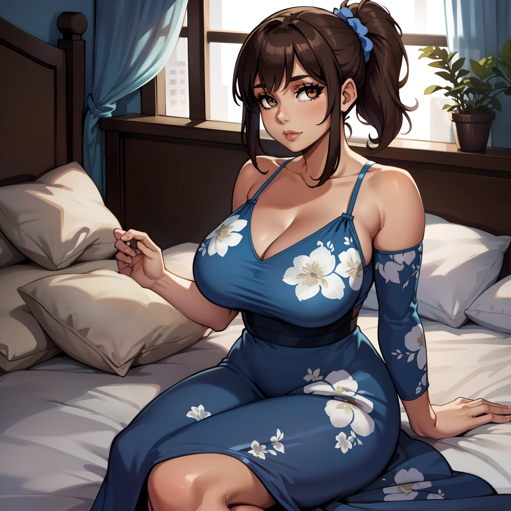 (one female: 1.5), wearing blue floral dress, brown ponytail haircut, has brown eyes, showing cleavage, relaxing on bed, , alone (SOLO),(ALONE), large chest, curvy