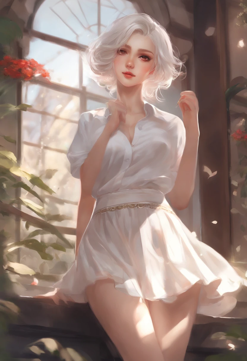 Anime - style image of woman in Y shirt and skirt, an anime drawing by Shitao, pixiv, Fantasy Art, anime goddess,cute anime waifu, white haired god, guweiz on pixiv artstation, guweiz on artstation pixiv, from girls frontline, Seductive Anime Girl, li in dress tiny chest short-haired red eyes white hair Skirt up In the skirt panties on underpants undergarment skirt by the Y shirt