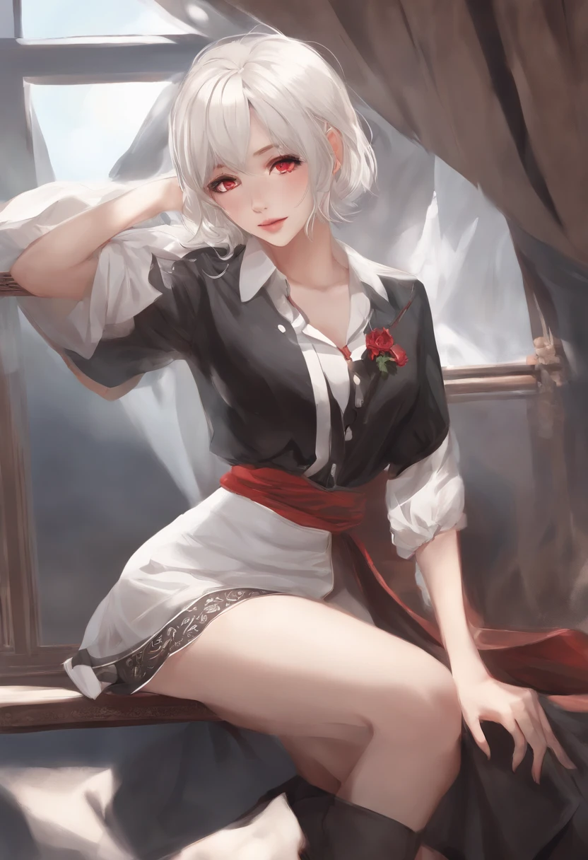 Anime - style image of woman in Y shirt and skirt, an anime drawing by Shitao, pixiv, Fantasy Art, anime goddess,cute anime waifu, white haired god, guweiz on pixiv artstation, guweiz on artstation pixiv, from girls frontline, Seductive Anime Girl, loli in dress　tiny chest　short-haired　red eyes　white  hair　Skirt up　In the skirt　panties on　underpants　undergarment　skirt by the　Y shirt