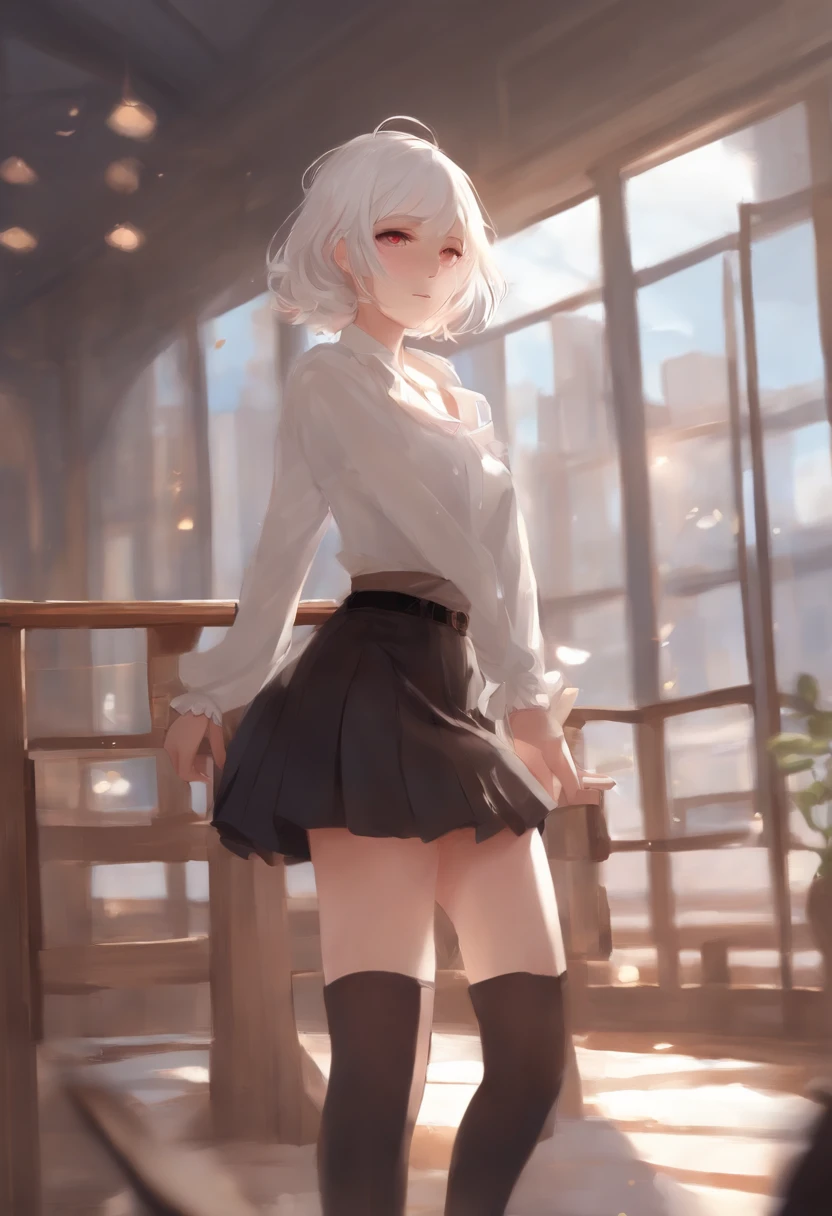Anime - style image of woman in Y shirt and skirt, an anime drawing by Shitao, pixiv, Fantasy Art, anime goddess,cute anime waifu, white haired god, guweiz on pixiv artstation, guweiz on artstation pixiv, from girls frontline, Seductive Anime Girl, loli in dress　tiny chest　short-haired　red eyes　white  hair　Skirt up　In the skirt　panties on　underpants　undergarment　skirt by the　Y shirt