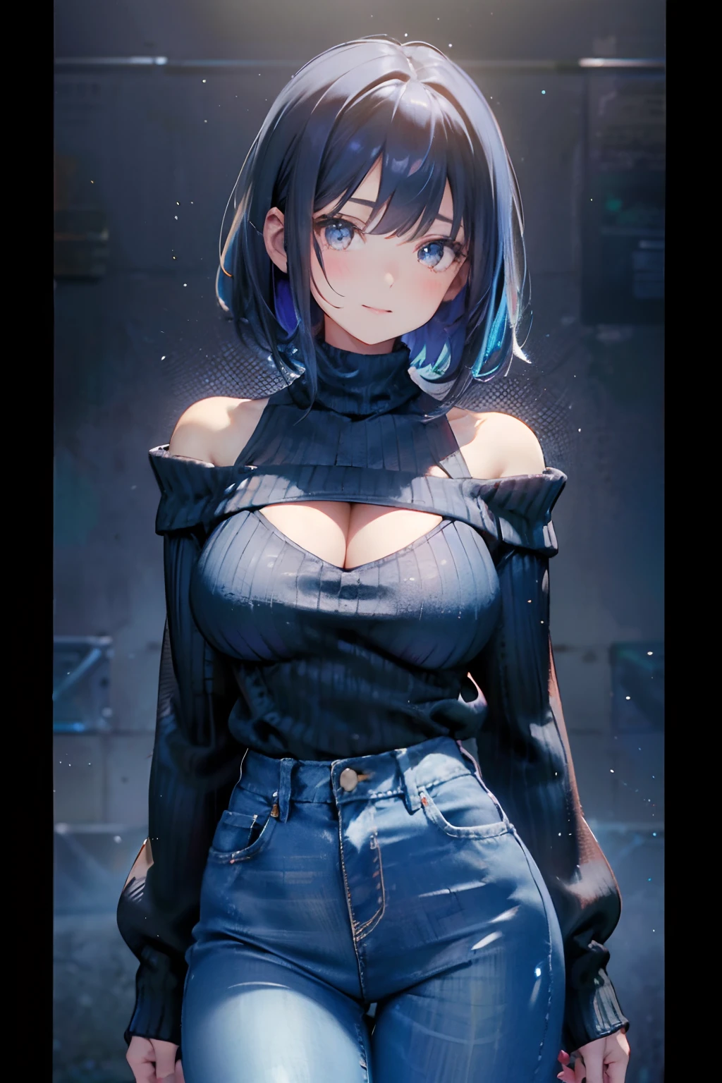 a 20 yo woman、Black-haired head hair、Bery short hair、Big smile、cleavage of the breast、Clothes with fluttering breasts、(hi-top fade:1.3)、dark themed、Muted Tones、Subdued Color、highly contrast、(natural skin textures、Hyper-Realism、Soft light、sharp) Black skirt, (Blue sweater:1.5), Long sleeves, off shoulders, off-the-shoulder sweater, Puffy sleeves, Tight-fitting jeans,Sweaters, White ribbon,women's pictures , tits out, 8K UHD, Wearing black sunglasses, JINS, Digital SLR, hightquality, film grains,