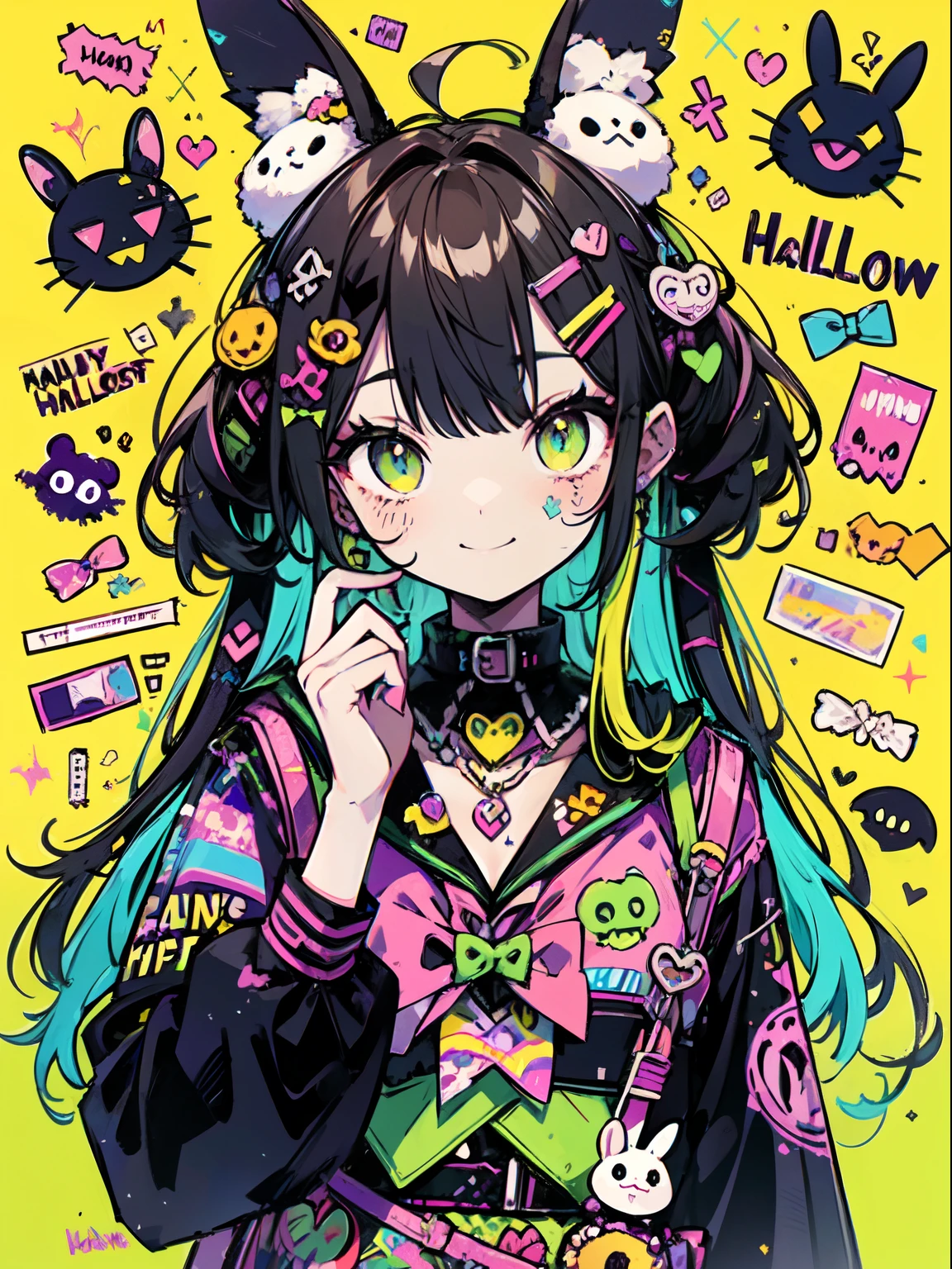 halloween theme, "kawaii, Cute orenge bunny girl in cute smile with teeth and holdinga halloween candy, poser, Adorable girl in orenge, neon orenge black, and baby lime color scheme. She wears halloween-themed clothing. Her outfit is fluffy and soft, With decora accessories like hair clips. She embodies a vibrant and trendy Harajuku fashion style."