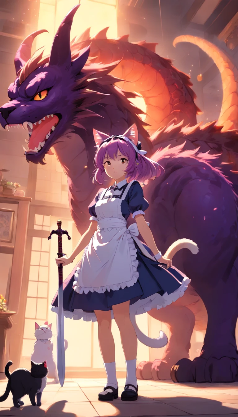 Japanese style, medium view, ((cat ear girl standing, maid outfit)), sword fight in front of giant dragon, long messy hair, glow effect, ultra realistic, ultra photorealistic, monochrome ink style, purple, bleaching, dirt, ink, 8K, super fine, high quality, OC renderer.