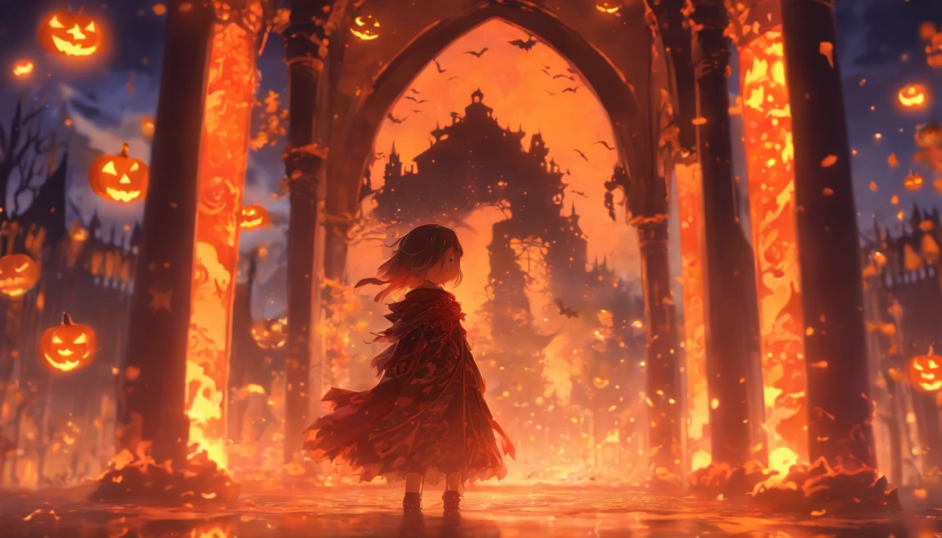 One Little Girl，Standing in the middle of，Halloween floating lights, Cinematic light and reflections, Glowing lights, An intermediate element of the metaverse，Digital painting, Brilliant reflections, reflect, Halloween Jack Lantern, peaceful night, Digital illustration, Nice atmosphere, Skylight at night, Quiet atmosphere at night, Jack-o'-lantern, Halloween, is in night, Tamon, game scenes, Halloween, Surrounded by clouds, Architecture of medieval Europe, Enamelled tiles, European Union, gorgeous color, There are three arches in the foreground((Color ink)), ( (Splash ink ) ), ((Splash ink) Inky})), tmasterpiece, High career, Beautiful graphics, High details,magnifica