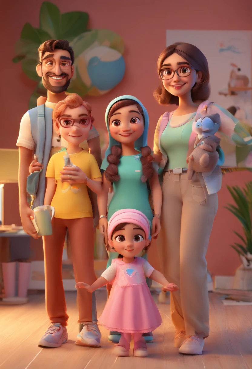 Estilo Pixar: Mom age 37using hijab ,Dad age 38, 2 twins age 5 ,one sister age 9 ,with a litlle cat ,3D Poster,Disney