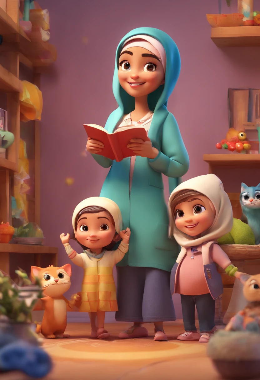 Estilo Pixar: Mom age 37using hijab ,Dad age 38, 2 twins age 5 ,one sister age 9 ,with a litlle cat ,3D Poster,Disney