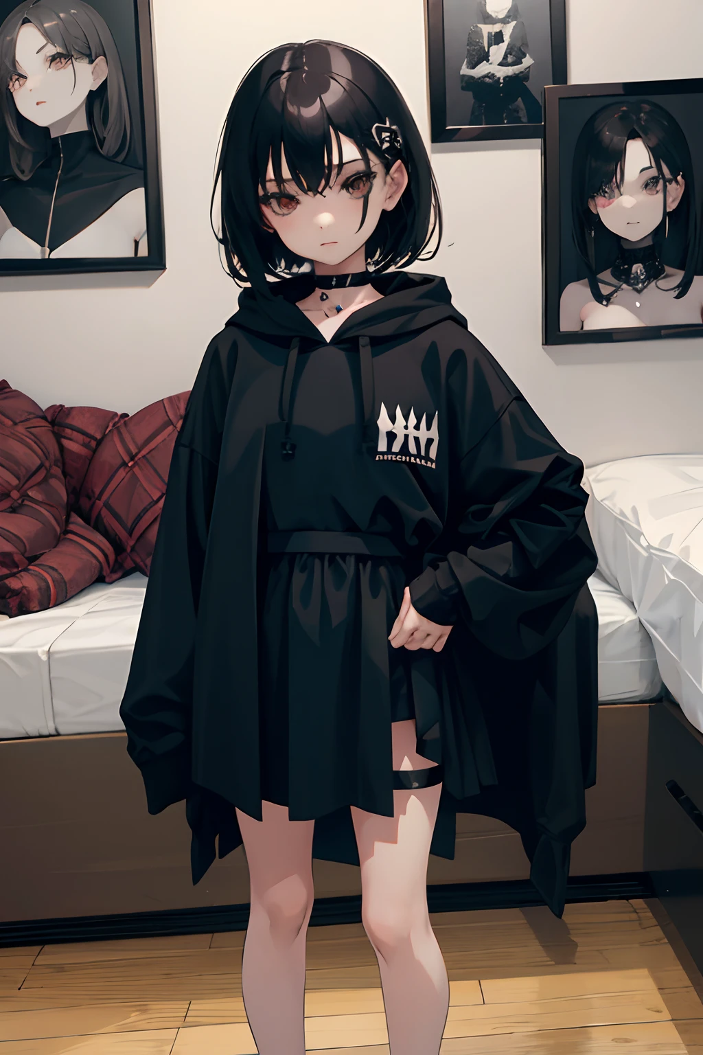 (),(masterpiece,Highest Quality),Black short-sleeved hoodie,skirt by the,Goth Punk,A dark-haired,Spy,stas