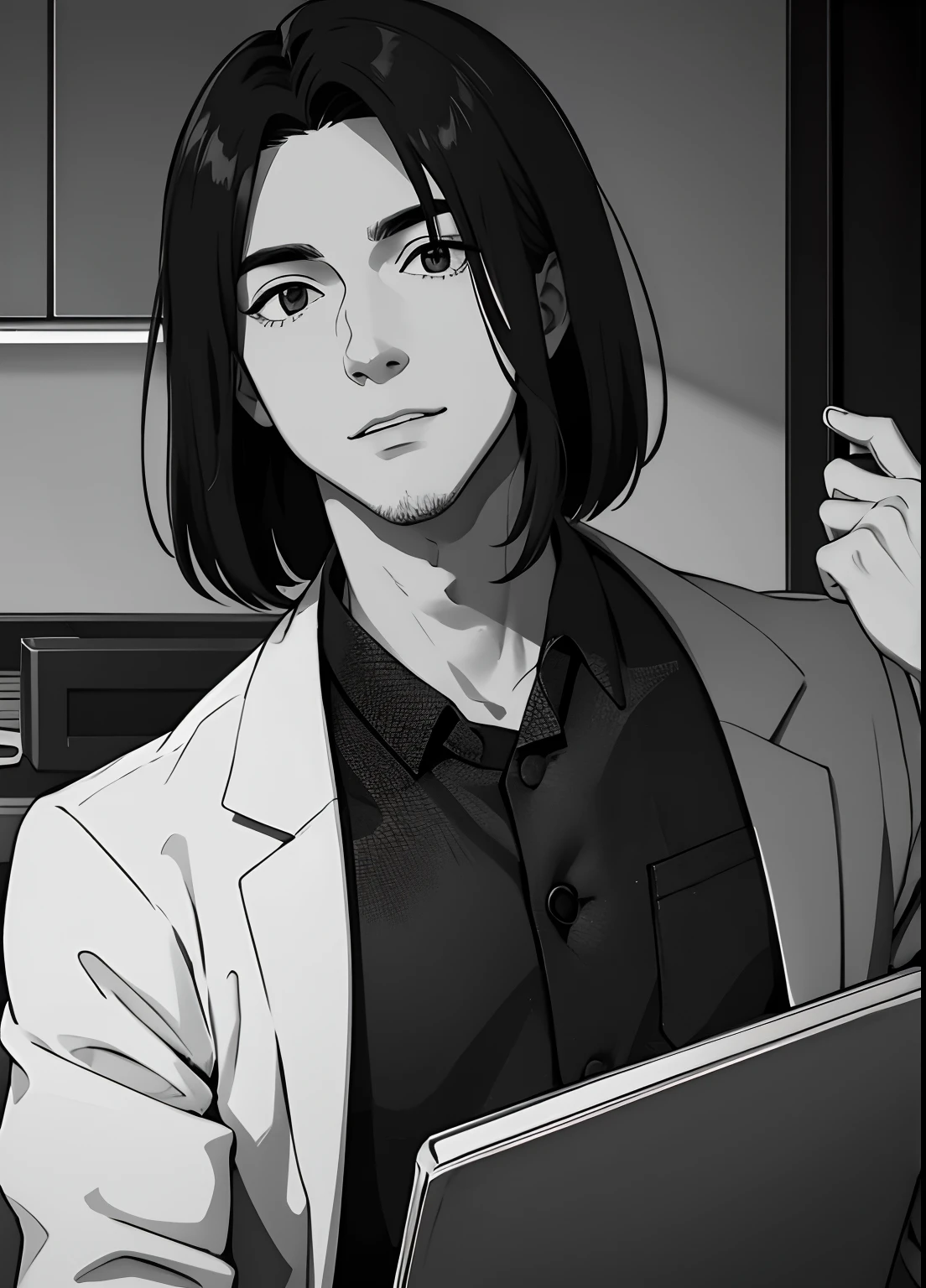 Handsome guy, long bob black hair, grayscale, medical mask, dentist uniform