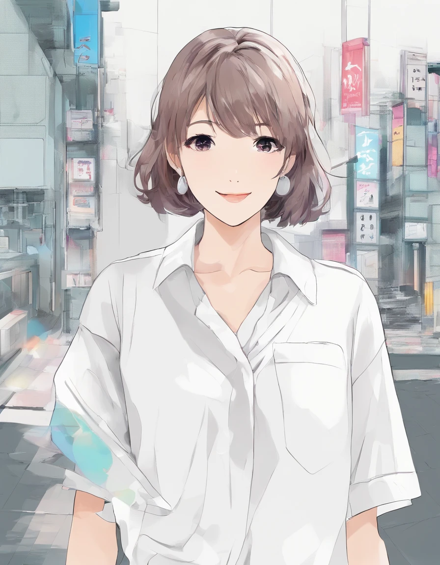 Simple illustration rough、Beautiful mom in white shirt、Business Smile、Looks reliable、icons、White background