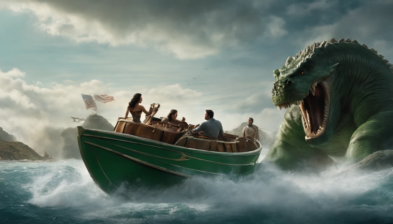 Realist, personality: [Illustrate a wide shot of Hulk and Wonder Woman about to board a gondola. The peaceful and serene atmosphere is shattered as the water beneath them churns and froths. A massive mechanical sea serpent bursts out of the water, piloted by a villain from another dimension. The scene should convey a sense of surprise and impending danger.] unreal engine, hyper real --q 2 --v 5.2 --ar 16:9