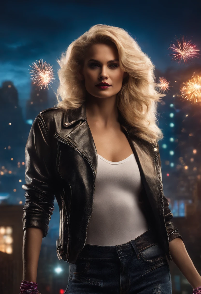 ((dans le style de sainte fish)) Render a full portrait of Marvel's Dazzler striking a fierce pose under a neon-lit city backdrop, with fireworks exploding above our heads. longs cheveux blonds, Elle invoque ses pouvoirs, So it has a trail of bright light behind it, Illuminant sa tenue punk rock blanche. Be sure to capture your unique sound waves emanating from your hands and include vinyl records scattered around you to reference your music-themed powers..
