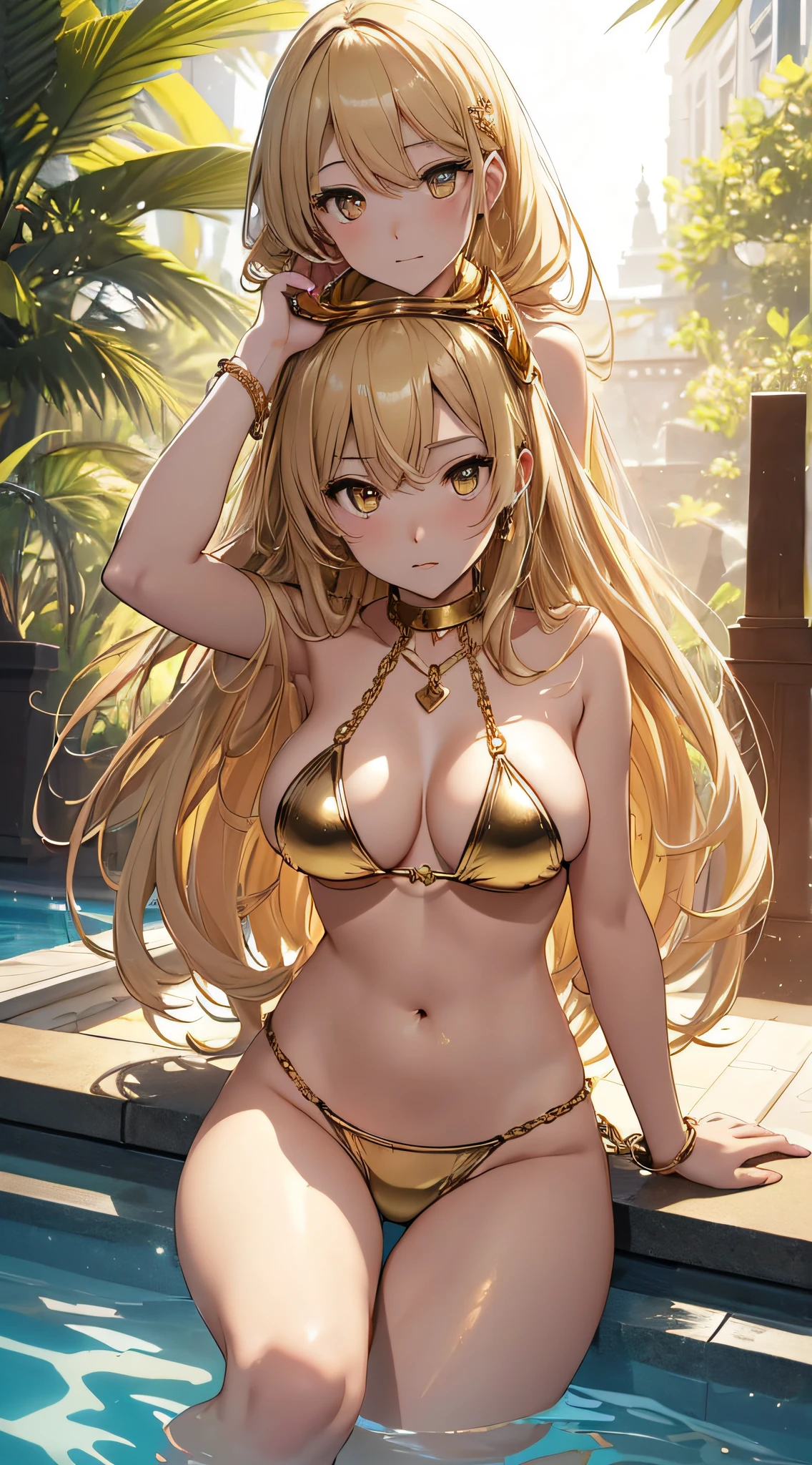 top-quality、Top image quality、​masterpiece、girl with((20yr old、Best Bust、big bast、Bust 85,beautiful golden eyes、Breasts wide open,Blonde long hair、A slender、Large valleys、Gold Bikini Dresses、Reach out towards us、Lonely face)）hiquality、Beautiful Art、Background with((Night Pool、party、Golden Chain、)))masutepiece、visualart、depth of fields、